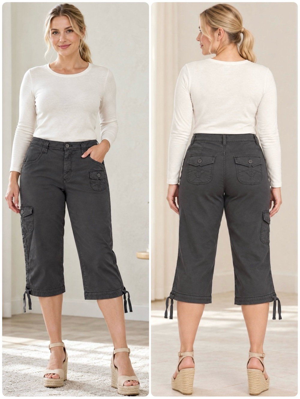 Lee Cargo Capri Pants Comfort Fit Side Flap Pocket
Adjustable Tie Hem Waist Band